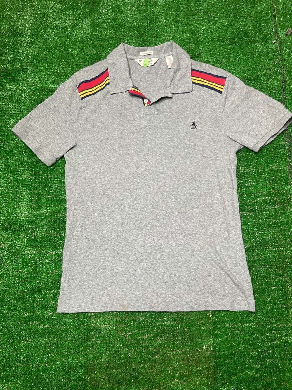 Original Penguin Heritage Slim Fit Grey Polo Shirt with Shoulder Stripes Men's